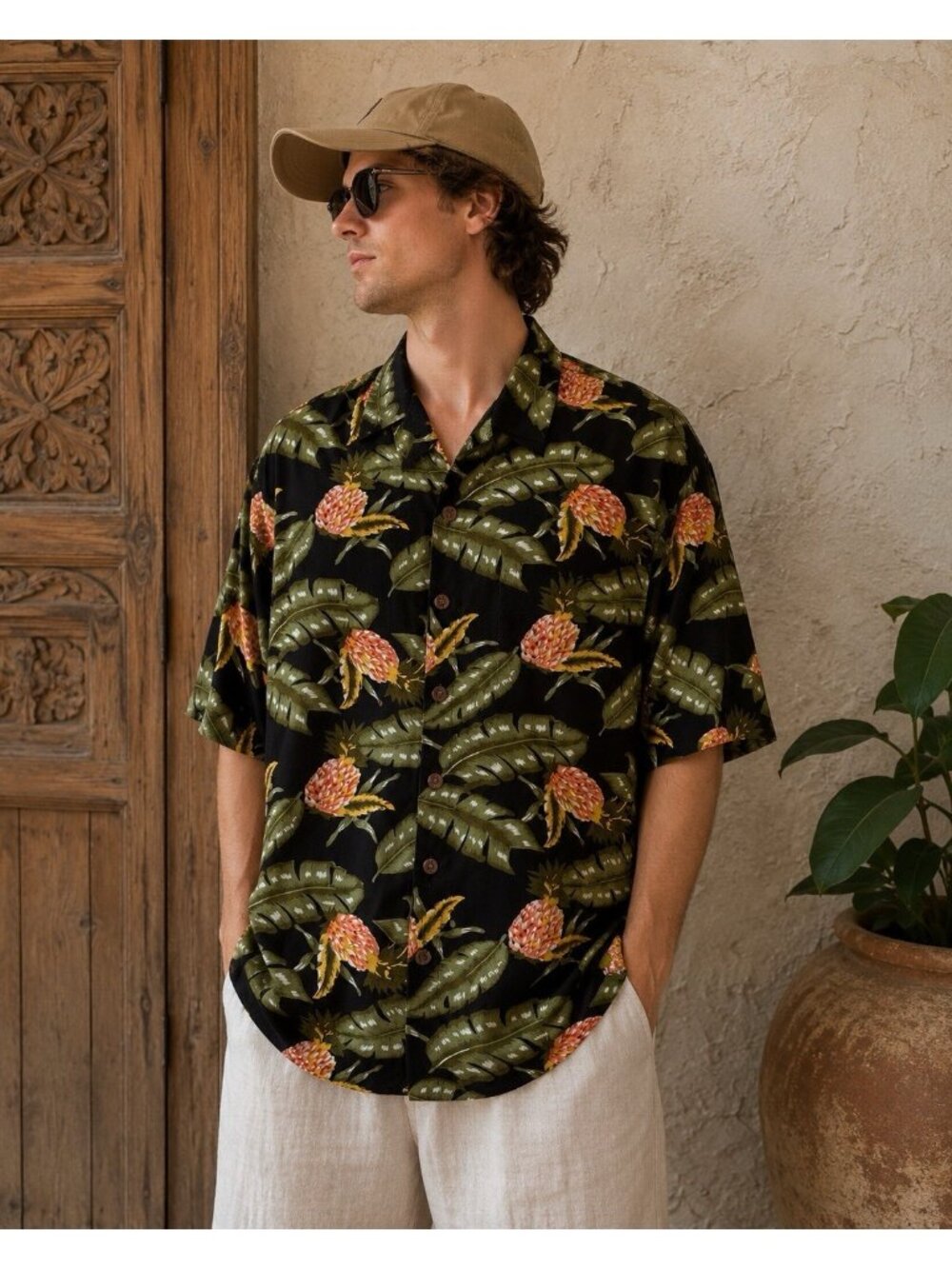 Vintage Pineapple Moon Hawaiian Shirt Floral Mens Size Medium Rayon Flowy
